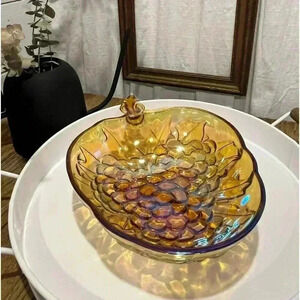 Vintage Amber Iridescent Glass Dish – Grapes Shape